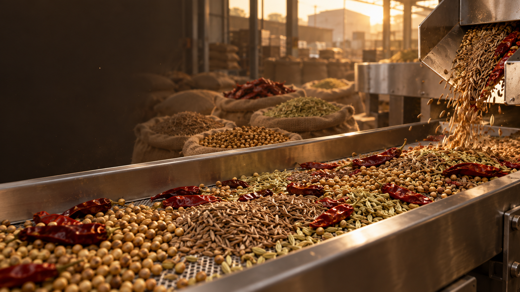 Spices moving through a clean preparation line in warm morning light