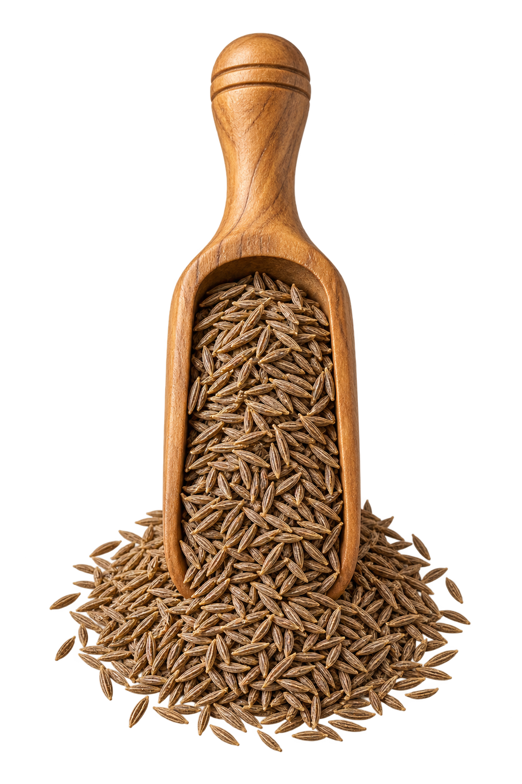 Wooden scoop filled with whole cumin seeds