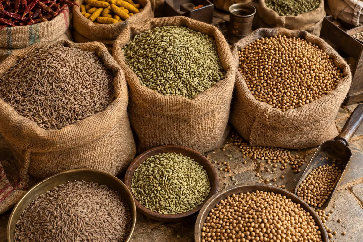 Spice sacks in a traditional market setting