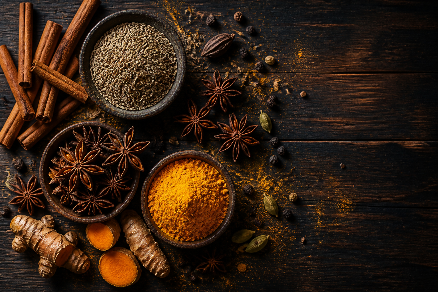 An assortment of whole and powdered Indian spices